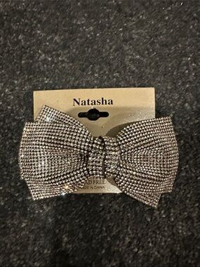 Natasha Couture Silver Crystal Bow Hair Barrette Lead Free
